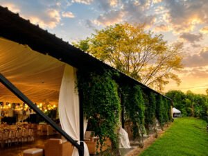 Exterior de El Salón con cortinas al atardecer
